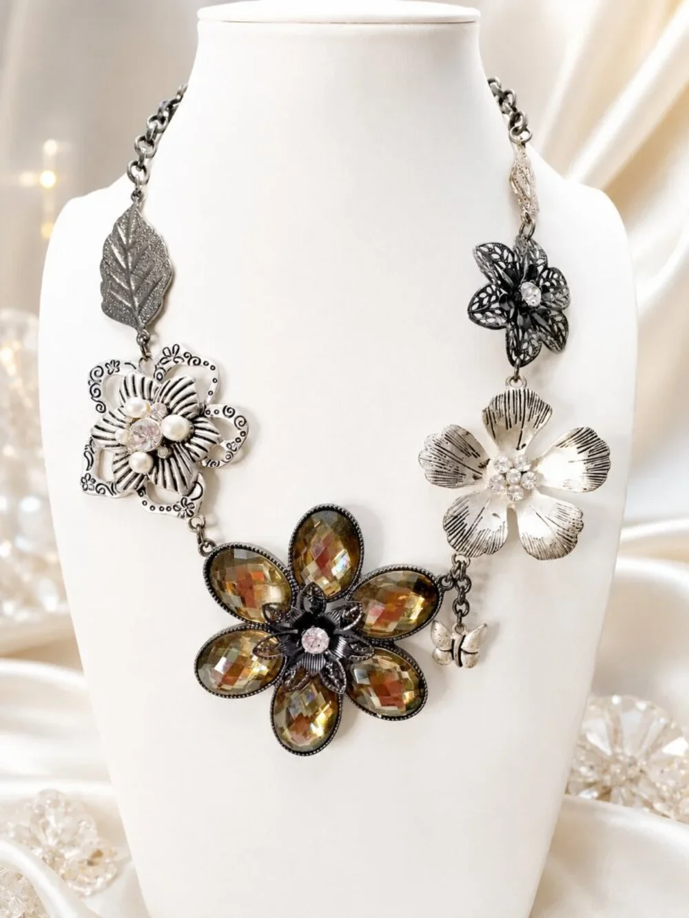 Park Lane Necklace Large Multi Layers Flowers Pearl Rhinestone Silver Butterfly